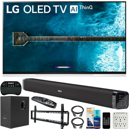 LG OLED55E9PUA 55-inch E9 4K HDR OLED Glass Smart TV with AI ThinQ (2019) Bundle with Deco Gear 60W Soundbar with Subwoofer, Wall Mount Kit, Deco Gear Wireless Keyboard and 6-Outlet Surge (Best Toys For 6 Month Old 2019)
