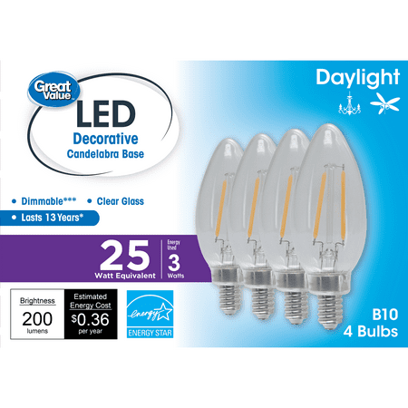 

Great Value LED Light Bulb 3W (25W Equivalent) B10 Deco Lamp E12 Candelabra Base Dimmable Daylight 4-Pack