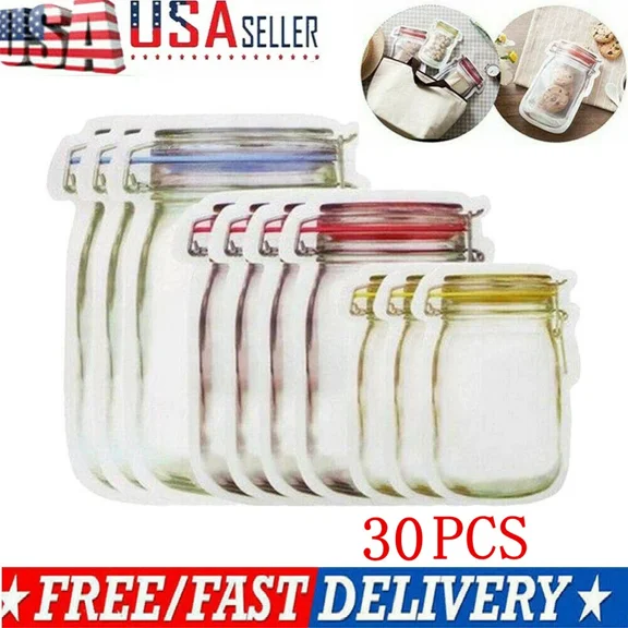30Pcs/Set Reusable Mason Jar Bottles Zipper Snack Bags Seal Food Saver Storage