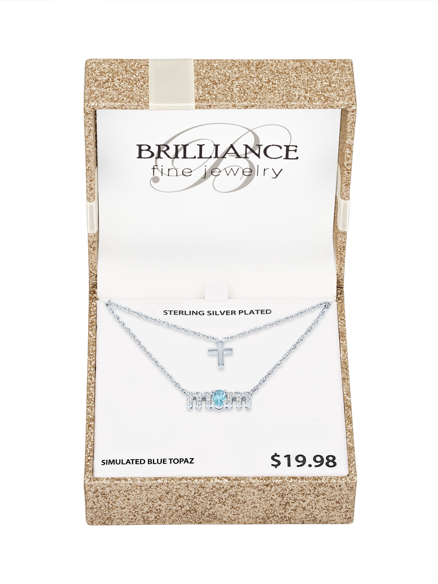 Ladies Brilliance Fine Jewelry Sterling Silver Plated Similated Blue Topaz & CZ Mom Cross Pendant, 18"