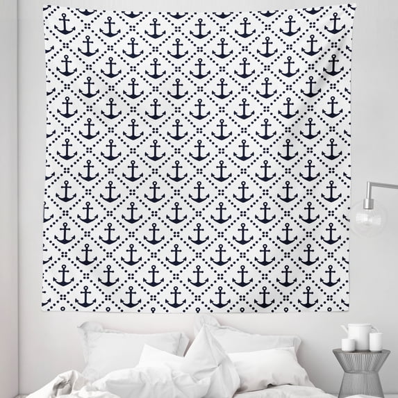 Geometric Tapestry, Dotted Frames Anchors Pattern Chevron Style Zigzags Nautical Theme Image, Fabric Wall Hanging Decor for Bedroom Living Room Dorm, 5 Sizes, Dark Blue White, by Ambesonne