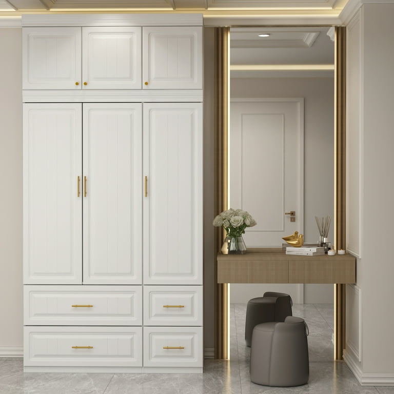 OXYLIFE Wardrobe Armoire with Hutch and Drawers Closet Storage Cabinet with Clothing Rod for Bedroom White