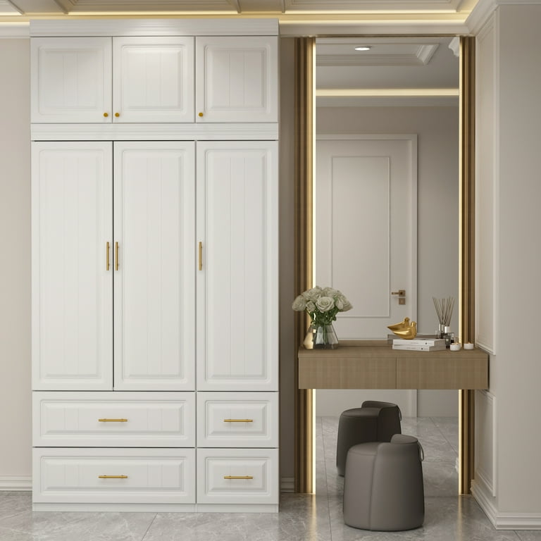 Hitow 4-Door Wardrobe Armoire with Hutch, Shelves and Drawers,White Closet  Storage Cabinet with Clothing Rod for Bedroom, 93.3 H