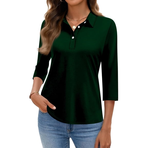 KDDYLITQ Womens Polo Shirts 3/4 Sleeve Collared Tops 3-Button Office Gym T Shirt Casual Business Dressy Shirts Dark Green 2XL