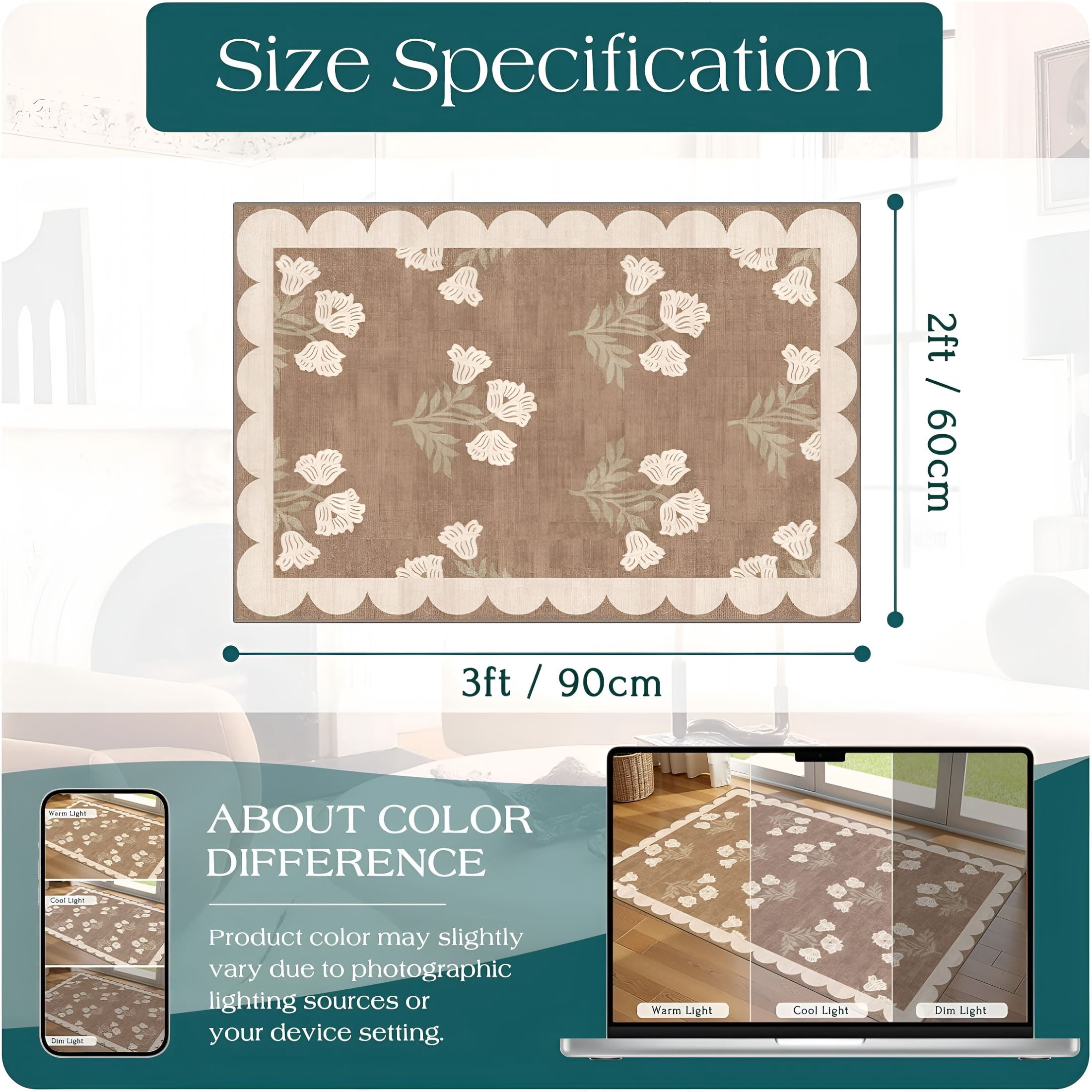 RLESO Front Door Mat Outside Entrance - 2X3 Floral Non-Slip Washable Doormat Indoor Outdoor Mat Tan Neutral Farmhouse Scalloped Entry Rug Small Throw Rugs for Entryway Kitchen Front Porch Decor