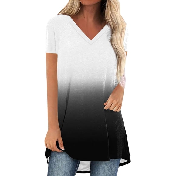 LUOGENLI Female T-shirts for Womens Women's Casual Fashion V Neck Gradient Short Sleeve Top Womens T-shirts Graphic Tees xxl Tall Summer Clothes Black L