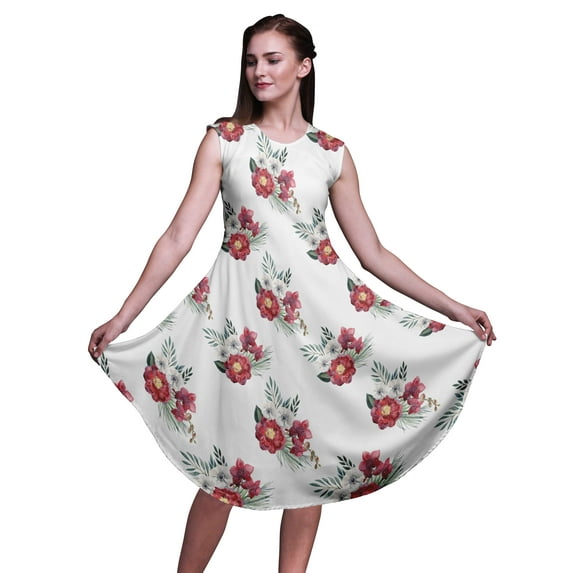Bimba White Peony & Anemone Floral Printed Knee Length Ladies Sleeveless Holiday Wear Tank Dress-XX-Large