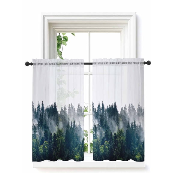 Green Forest Curtains 45 Inch Length, Sheer Curtains for Bedroom Living Room Window Natural Landscape Modern Abstract Art Rod Pocket Voile Drapes Kitchen Curtains Small Half Window 42"x45" 2 Panels