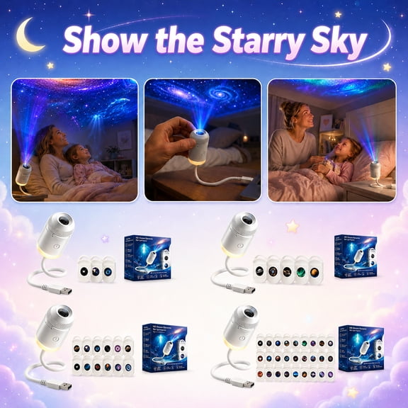 Hd Smart Dynamic 5d Holographic Night Light Projector, Car-Bedroom Use Plug and Play hd Star Projector Ocean 360° Adjustable Galaxy & Ocean, USB Powered, Ceiling Ambience (24 Projection Films)