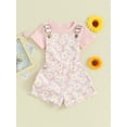 thumbnail image 4 of Musuos Kid Girl Summer Outfit 12 18 24M 3 4 5T Solid Color Ribbed Short Sleeve Crew Neck T-Shirt with Daisy Print Overall Shorts Set, 4 of 10