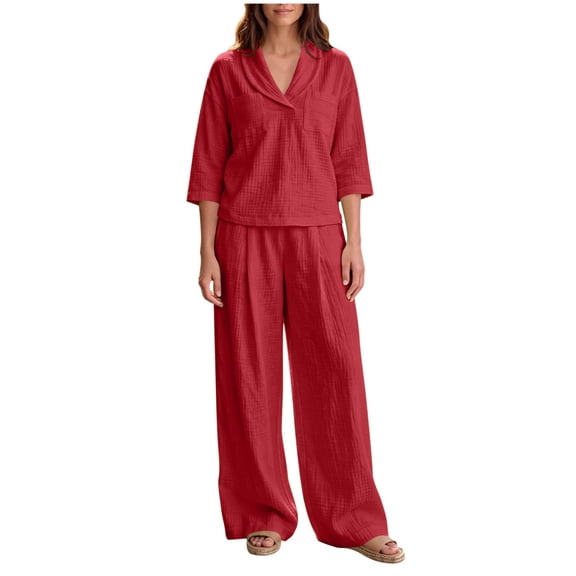 Costeam Womens Textured Woven Two Piece Outfit Lapel Collar 3 Quarter Sleeve Pocket Top And Elastic Waist Wide Leg Pants Loose Fit Solid Color Casual Co Ord Set