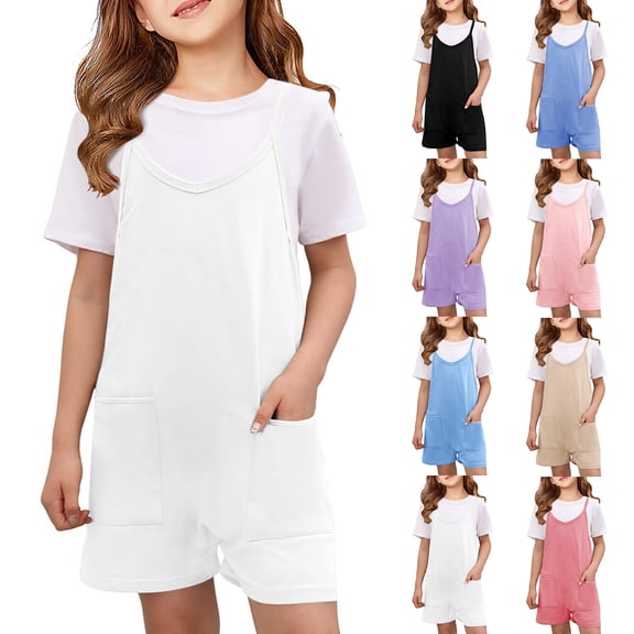 UACY Girls Summer Romper with Adjustable Straps, Sleeveless Loose Casual Jumpsuit Overalls Shorts Pants with Pockets (White, 5-6 Years)