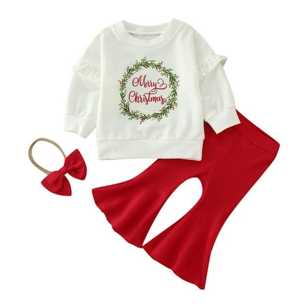 

OAUP Toddler Girls Outfit Sets Long Sleeve Christmas Letter Print T Shirt Pullover Tops Bell Bottoms Pants Outfits Fall Casual Trendy Outfit 3M-4Y