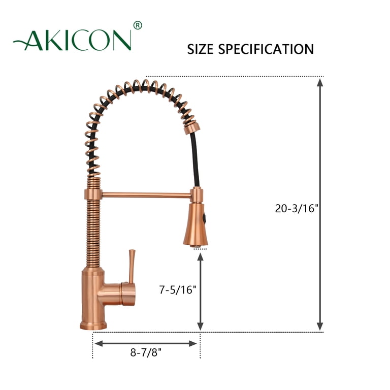Akicon Copper Kitchen Faucet With Soap Dispenser - Single Handle, High Arc Pull-Down Sprayer, Solid Brass, Deck Plate Included