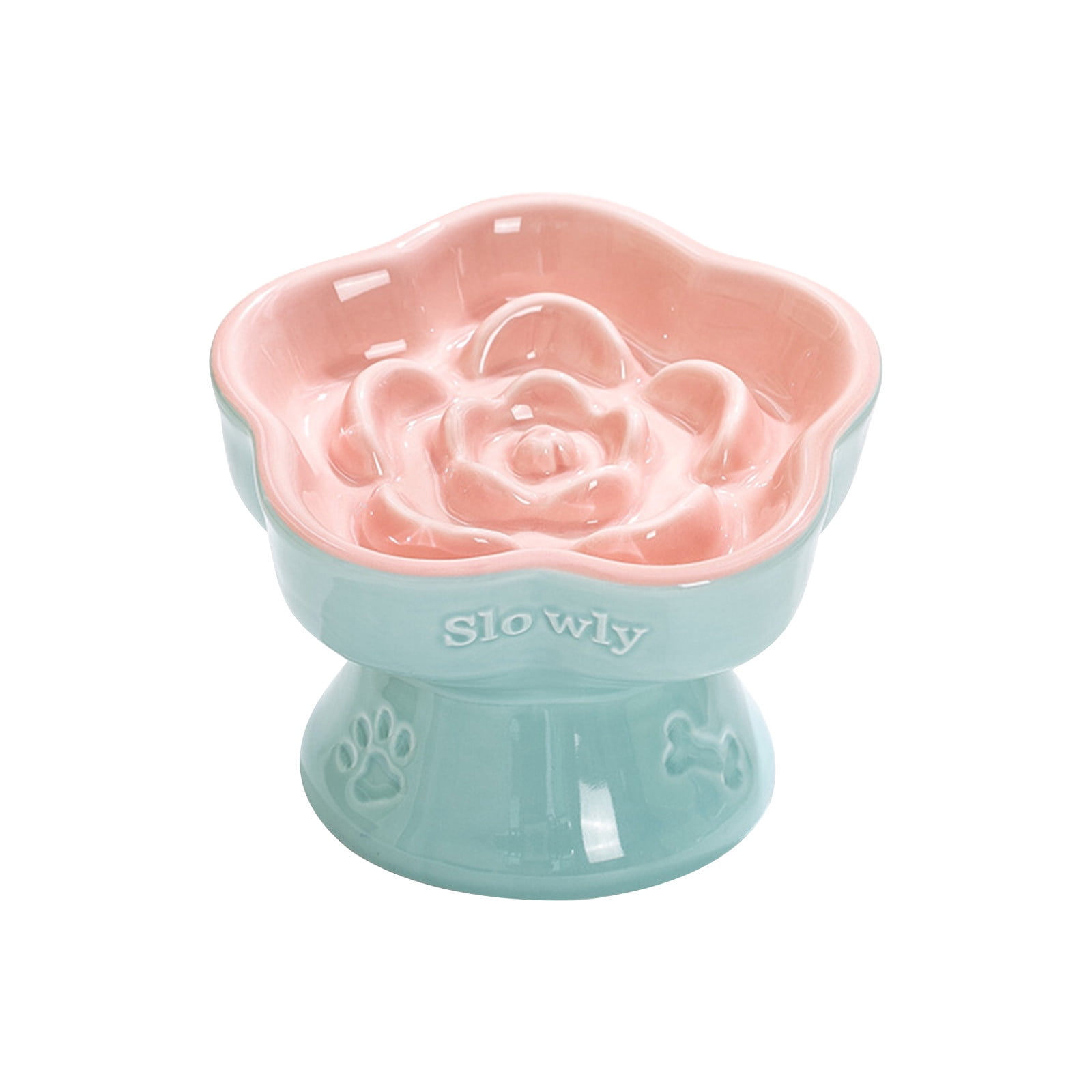 Raised Slow Feeder Cat Bowl,Ceramic Elevated Food Bowl Small Dogs Slow Feeder, Flower Shaped Cute Cat Dish for Dry and Wet Food (B,5.9")