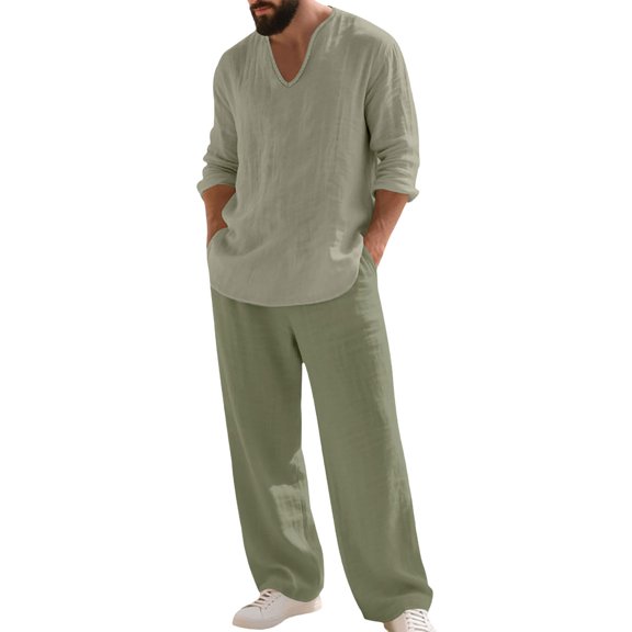Awwp Men Set Linen Suit Men's Clothing Casual Beach V Neck Loose Long Sleeved Pants Sports Suit for Men Blackish Green L
