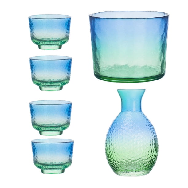 Juego de sake de vidrio con textura martillada, decantador multiusos, novedoso, para uso doméstico, calentador de vino azul verde