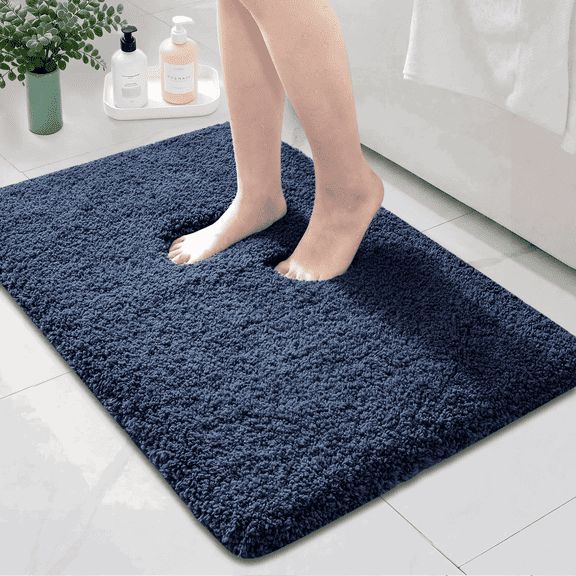 Sortora Bathroom Rugs, Navy Blue Bath Mat Non Slip Shower Mat, 1.1" Plush Shaggy Rug Soft Cushioned Bathroom Decor Rug for Floor, 16×24 inch