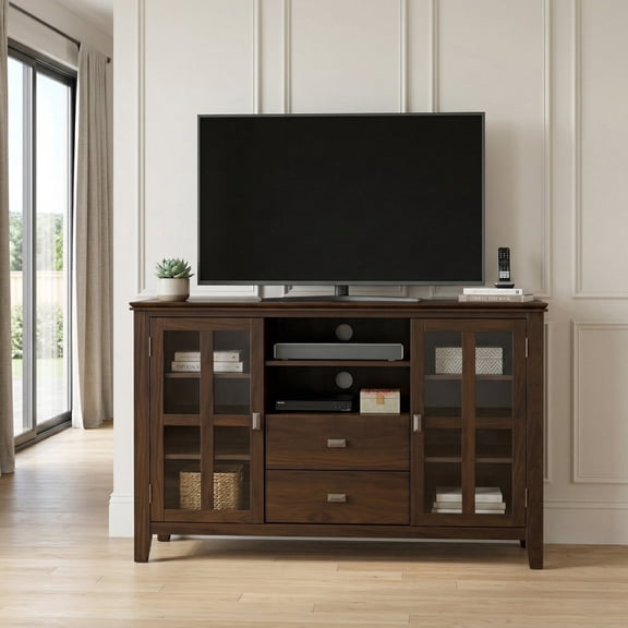 Simpli Home Artisan 53 inch Wide Solid Wood Tall TV Stand in Tobacco Brown For TVs up to 60 inches