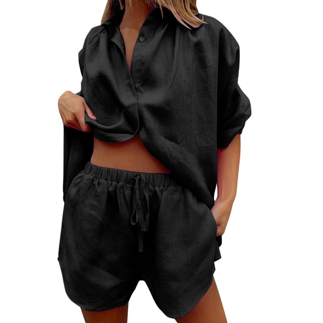 Ketyyh-chn99 Shorts Ensembles Courts pour Femmes 2 Pcs d'Été Femmes Manches Courtes Col Rond Pyjama Tenue de Nuit Ensemble 2 Pcs Noir,P