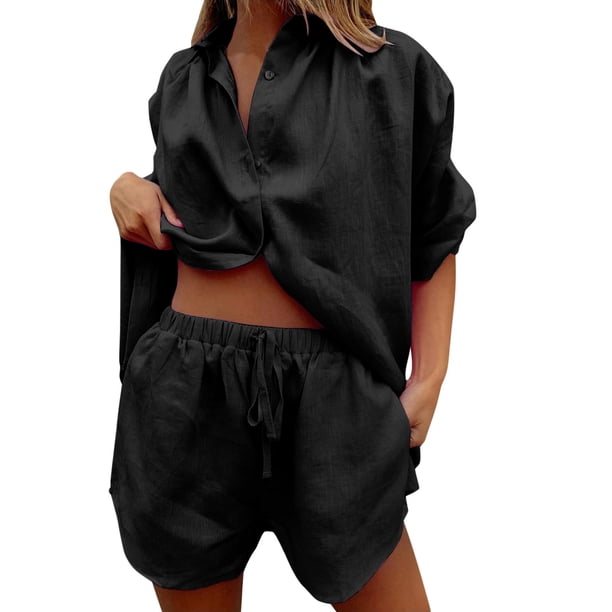 Conjunto de chándal de 2 piezas para mujer: blusa holgada con botones y pantalones cortos elásticos de cintura alta - Poliéster, color liso, ropa informal/de estar por casa, conjuntos de verano