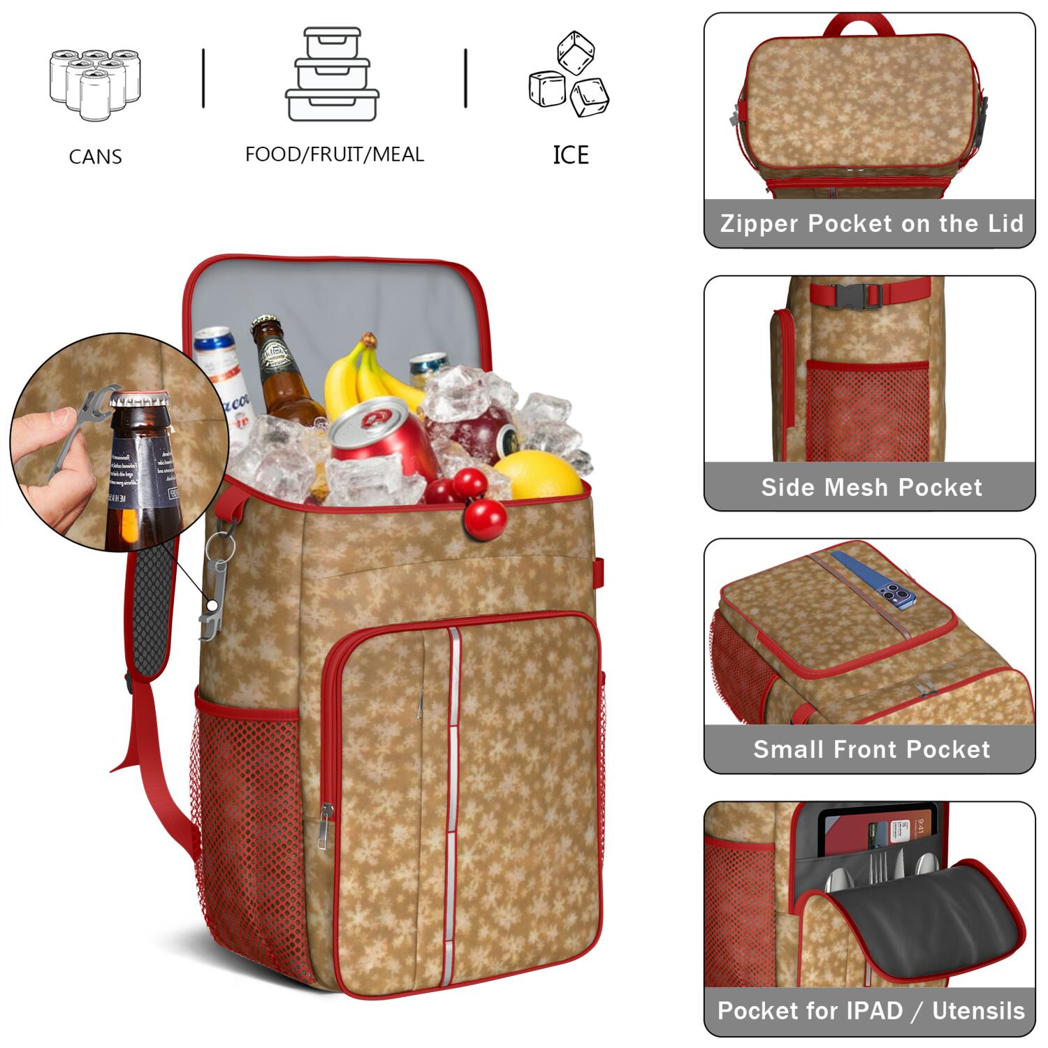 Travel Cooler Bag - Golden Christmas Snowflake Pattern Camping Beer Cooler Backpack with Bottle Opener- Waterproof Insulated Picnic Backpacks - Cooler Bag for Beach