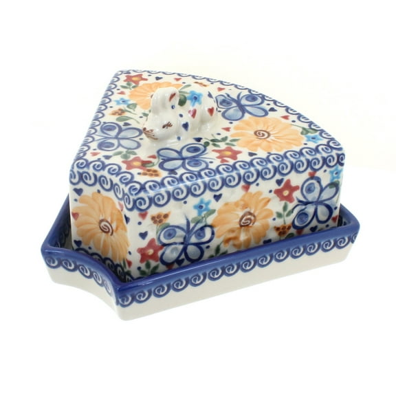 Blue Rose Polish Pottery Butterfly Cheese Dish with Mouse