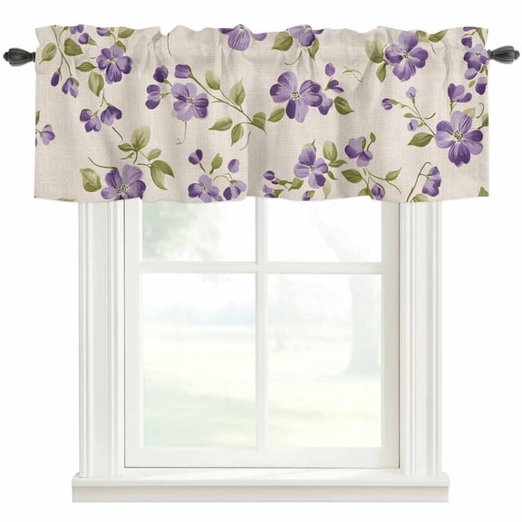 Purple Floral Valances for Windows Green Leaf Rod Pocket Curtain Valance Window Treatment Short Curtains for Kitchen Living Room, 54"x18"