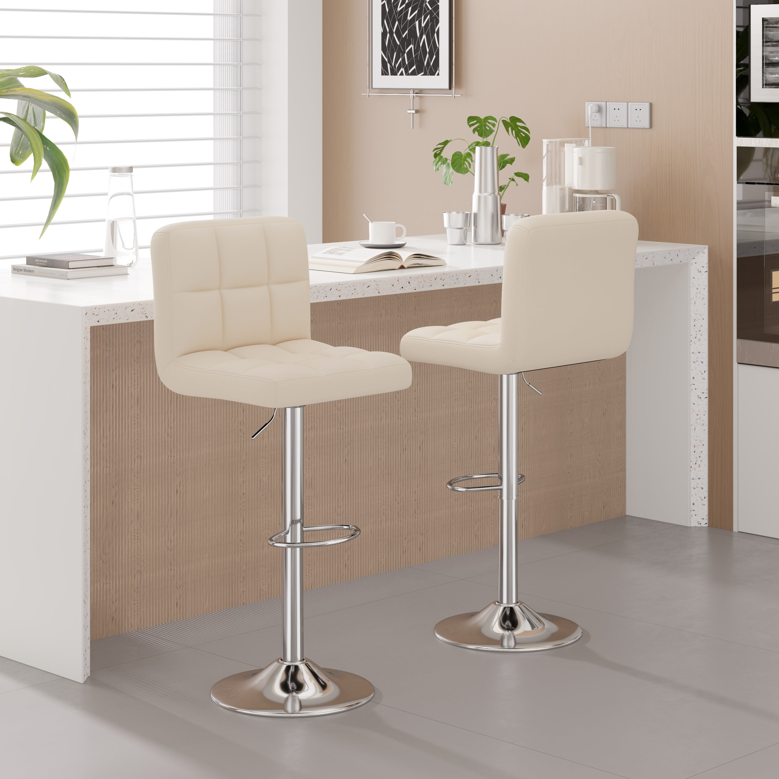 Hawsaiy Modern Adjustable Swivel Bar Stools Set of 2, PU Leather Bar Chairs with Footrest, Beige