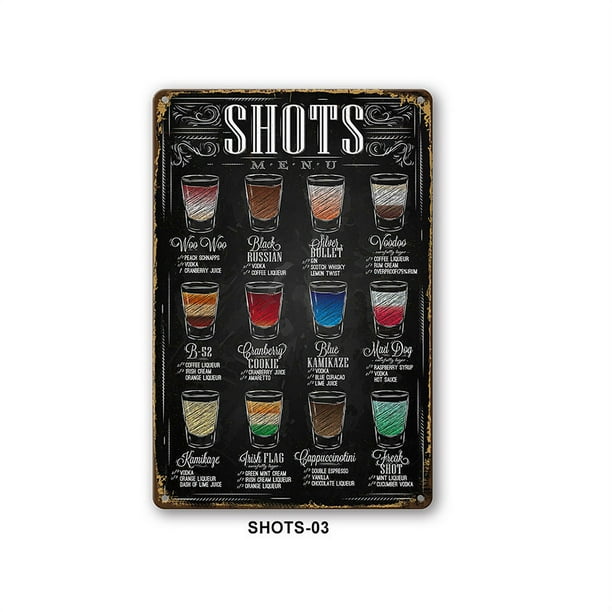 piezas de letrero de metal de barra vintage (SHOTS) de hierro, receta de cóctel clásica y letrero de menú de tragos, decoración vintage, póster de metal vintage duradero para mural, cafetería, bar, re