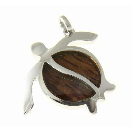 Koa Sea Turtle - Koa Wood Hawaiian Honu Sea Turtle Rhodium Silver Plated Brass Pendant