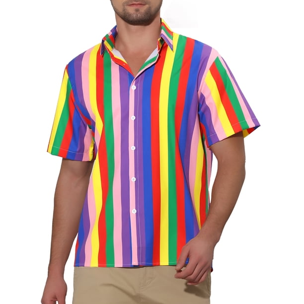 Camisas de verano de rayas verticales para hombres, edición INSPIRE CHIC, de manga corta, con botones, 2XL, rosa arcoíris