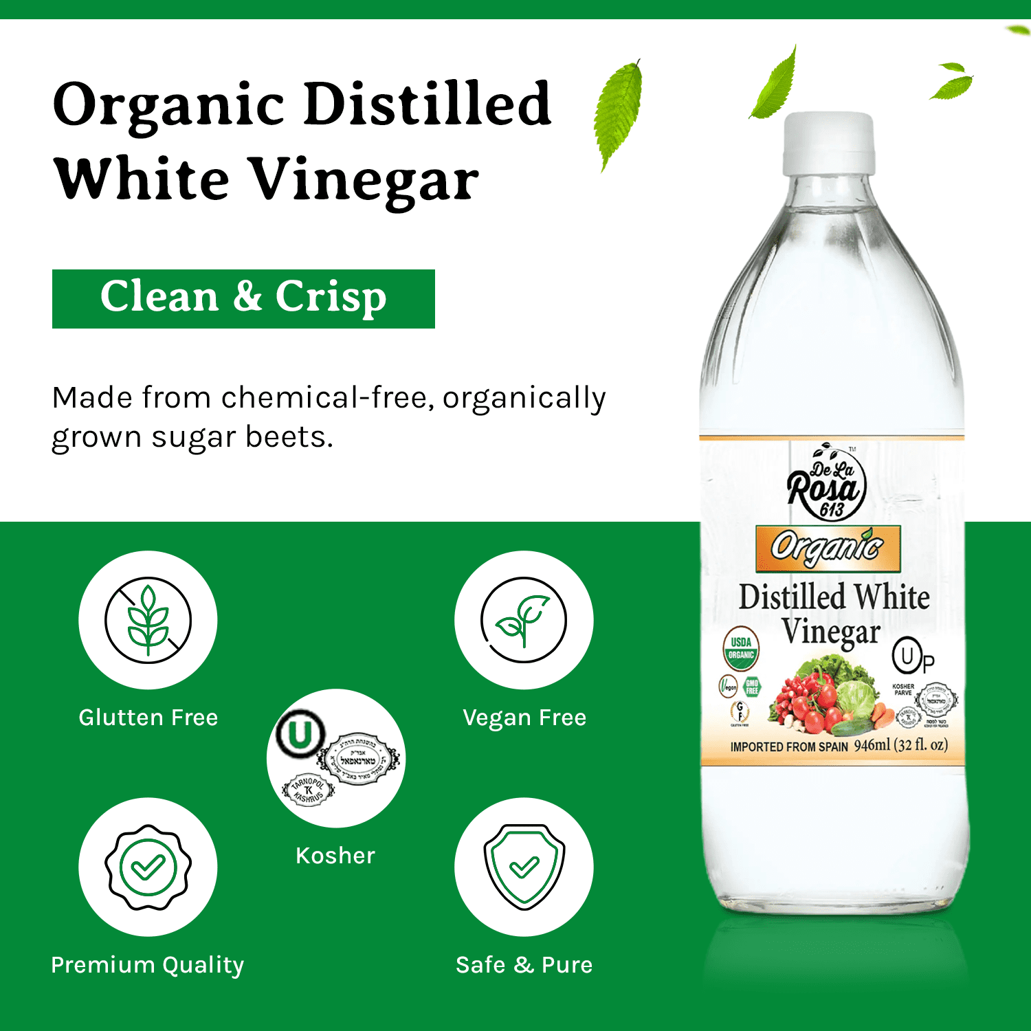 De La Rosa 613 Organic Distilled White Vinegar, 32 Oz (Pack of 2)
