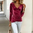 thumbnail image 3 of Xdegoge Women's Long Sleeve Velvet Blouse Deep V Neck Wrap Tops Pleated Slim Fit Shirts Dressy Casual Fall Winter Tunic, 3 of 9