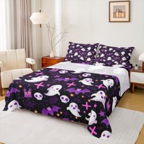 Manfei Spooky Skull Ghost Twin Sheet Set,Halloween,Purple Bats,3-Piece Ultra Soft