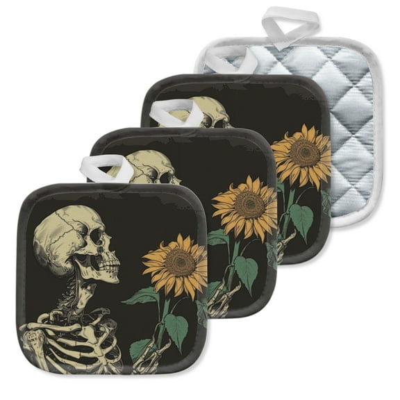 4 Pack Pot Holders,Kitchen Essential, Potholder Set,Sunflower In The Grip Of A Skeletal Form