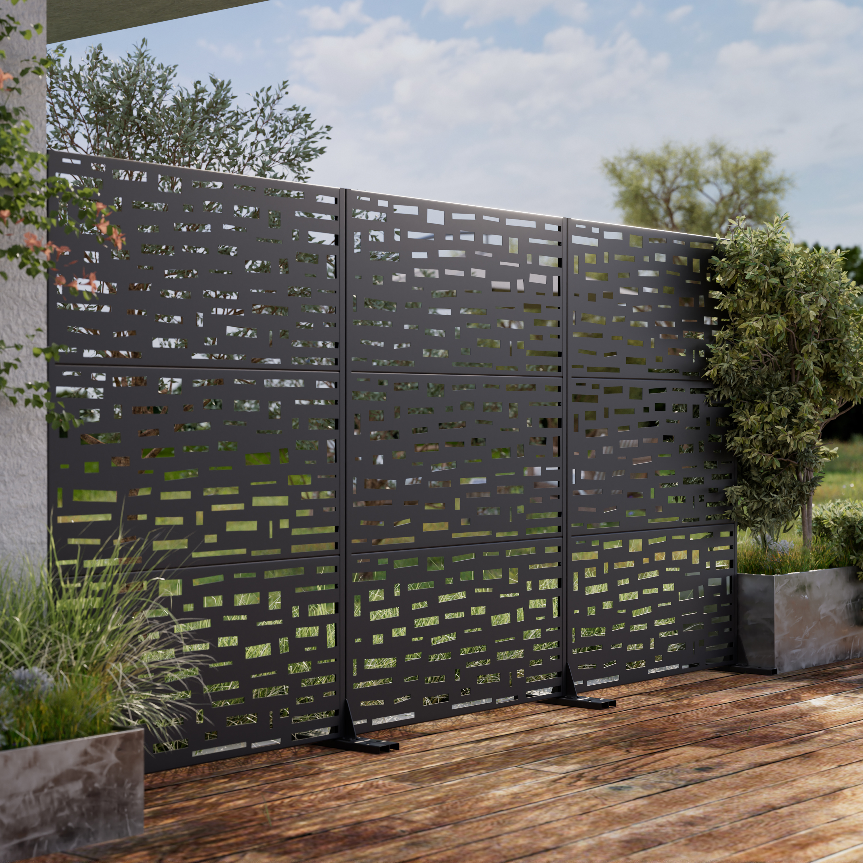 MAYEERTY 72×47" Outdoor Black Metal Privacy Panel Screen for Backyard & Garden, Wide Street Pattern