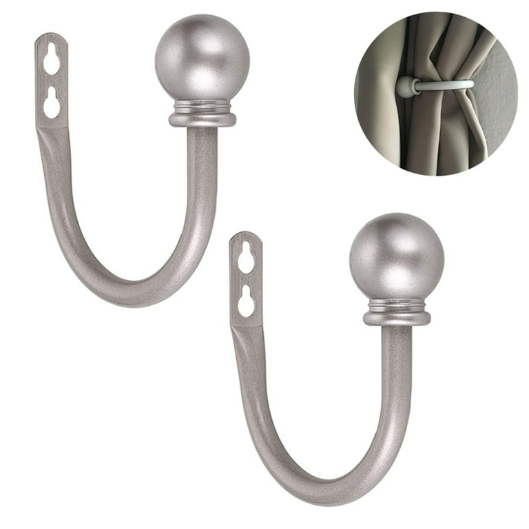 Peralng Round Finials Curtain Holdbacks, Decorative Curtain Hooks Wall Mounted, Ball Finials Hooks for Drapery, Set of 2, Brushed Nickel U- Hook Silver, Size