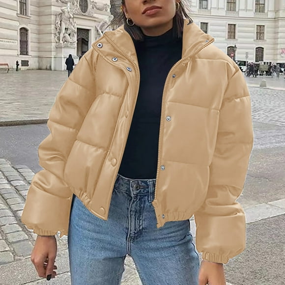 Bmisegm Women's Winter Casual PU Leather Cotton Jacket with Stand Collar Jackets for Women Hot Pink L
