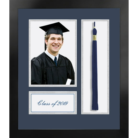 2019 Academic Nova Black Photo Frame, Navy and Silver matting with Tassel opening 5x7 Photo opening