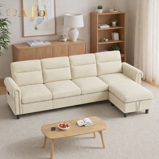 Aiho 93 L-Shape Modern Sofa, Cloud Couch with Deep Seat, Modual Sofa Couch with Chaise, Upholstered Couches for Living Room Bedroom - Beige