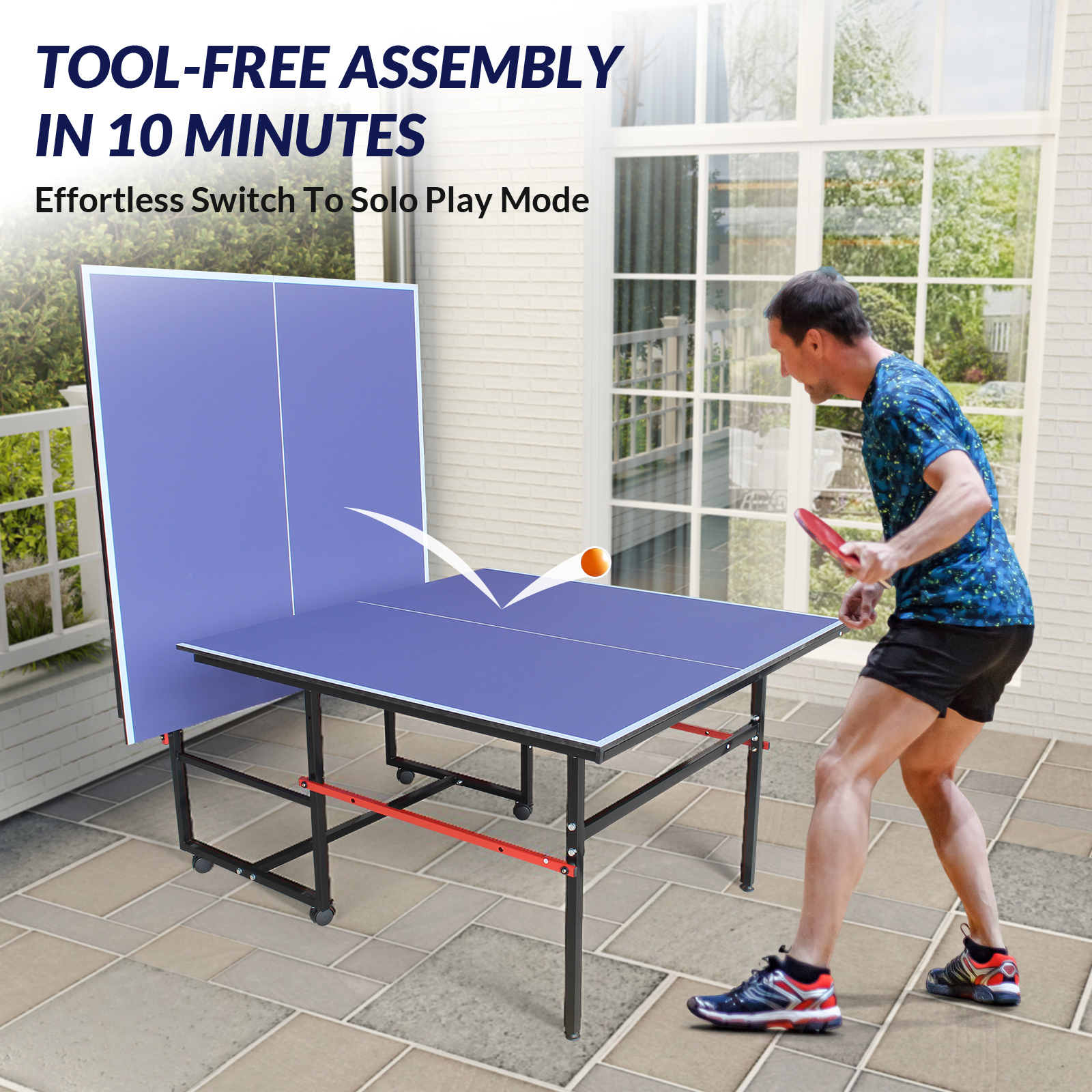 ZIVACATE 8ft Mid-Size Table Tennis Table, Foldable&Portable, Ping Pong Table with Net, 2 Table Tennis Paddles and 3 Balls for Indoor Outdoor Game-(Blue,Black)