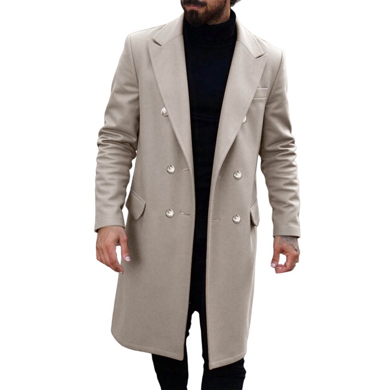 DPTALR Men's Long Wool Coat，Oversized Double Breasted Trench Pea