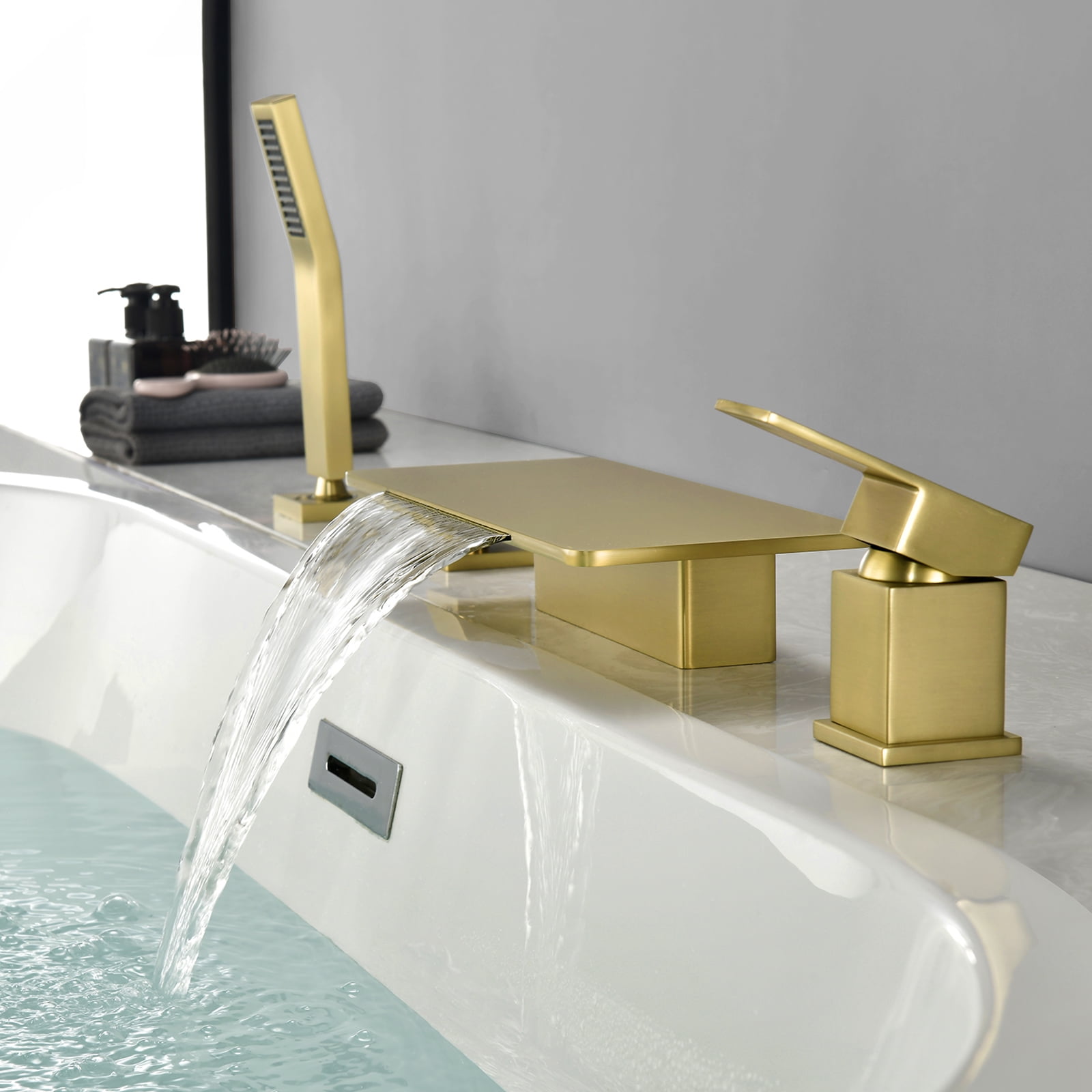 Cobbe Bathroom Bathtub Faucet Set Single Handle with 11.02-Inch Wide Bathtub Spout and Handheld Shower 4-Hole Deck Mount Tub Faucet Brushed Gold