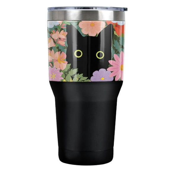Black Cat In Flowers Stainless Steel Tumbler 30 oz Coffee Travel Cup, Vacuum Insulated & Double Wall with Leakproof Sliding Lid | Great for Hot Drinks and Cold Beverages