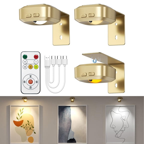HRWOKI 3 Pack Rechargeable Magnetic Picture Lights, 3 Color Temperatures, Dimmable Timer Wall Lamp for Art Painting Poster Frame Display