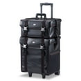 thumbnail image 1 of Professional Makeup Artist 2 in 1 Rolling Makeup Train Case Cosmetic Organizer Soft Trolley w/ Storage Drawers & Metal Buckles (Black Faux Leather), 1 of 7