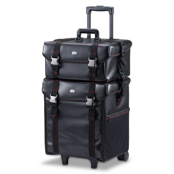 Professional Makeup Artist 2 in 1 Rolling Makeup Train Case Cosmetic Organizer Soft Trolley w/ Storage Drawers & Metal Buckles (Black Faux Leather)
