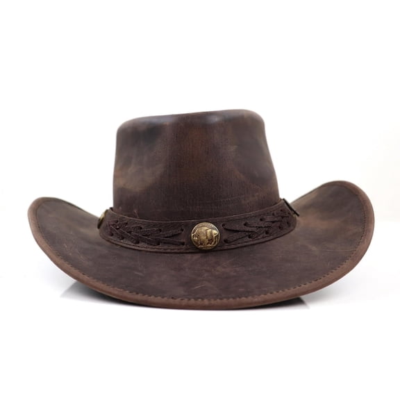 StellMan Men's Distressed Leather Cowboy Hat with Western Embossed Band and Vintage Buffalo Concho