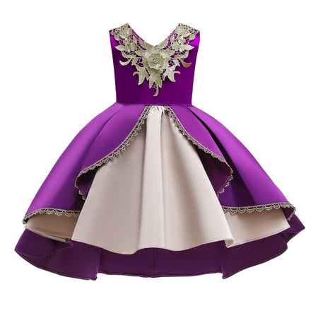 

3T Toddler Girls Wedding Princess Dress Party Dress Formal Pageant Dress 4T Toddler Girl Suspender V-Neck Embroidery Floral Layer Party Formal Princess Dress Purple